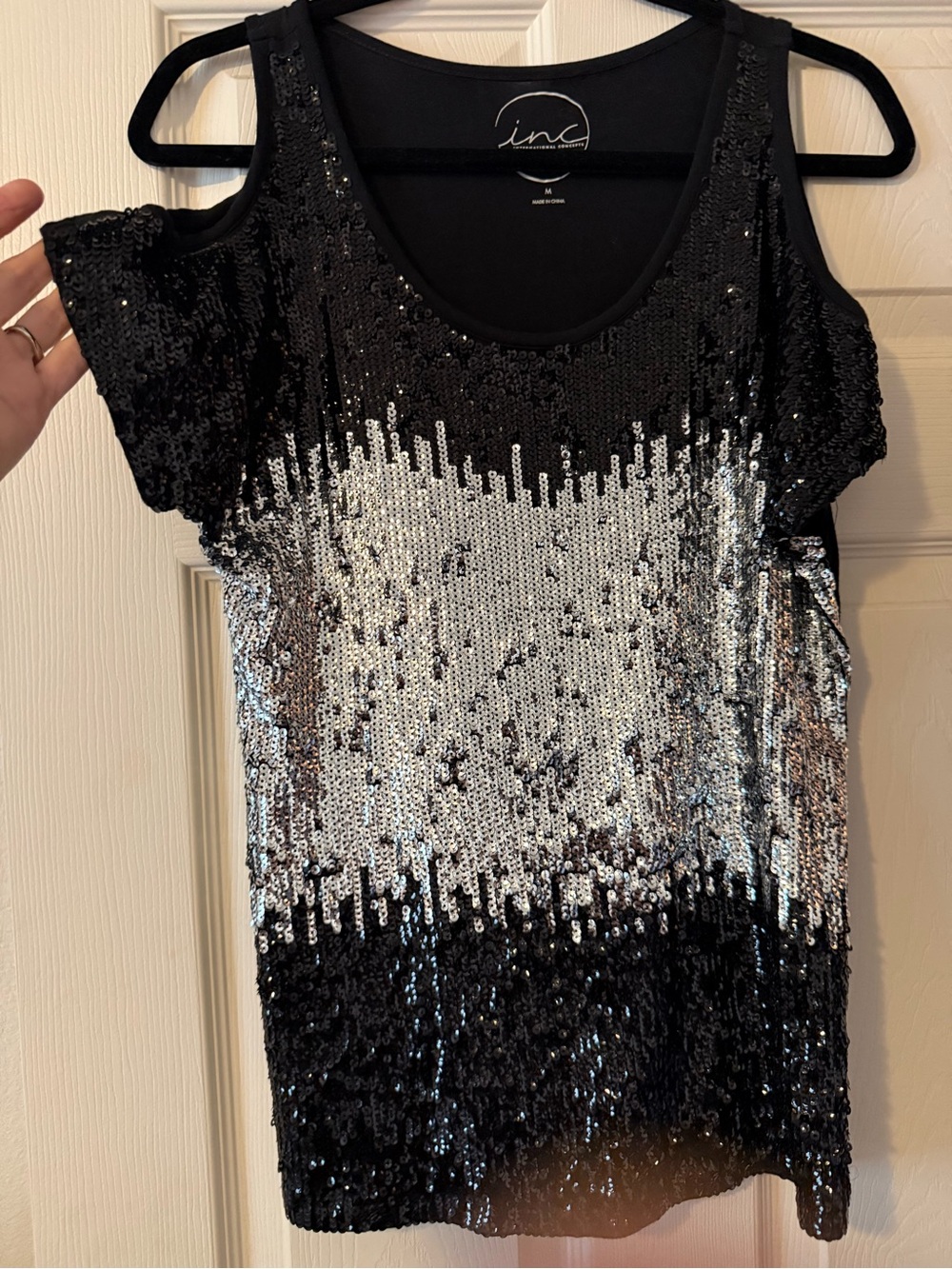 INC International Concepts Black and Silver Sequin Cold-Shoulder Tank